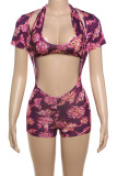 Rose Red Sexy Print Hollow Out Patchwork Deep V Neck Sleeveless Two Pieces