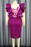 Purple Celebrities Solid Color Patchwork Slit Zipper Ruffled Trim V Neck Wrapped Skirt Dresses