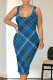 Blue Sexy Plaid Print Contrast U Neck Printed Dresses