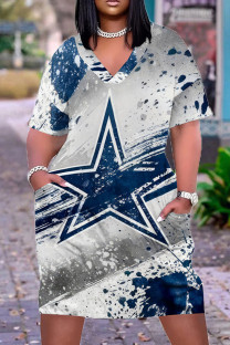 Baby Blue Casual The stars Letter Print Pocket V Neck Printed Plus Size Dresses