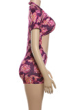 Rose Red Sexy Print Hollow Out Patchwork Deep V Neck Sleeveless Two Pieces
