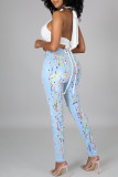 Dark Blue Street Print Pocket Buttons Patchwork Zipper High Waist Skinny Denim Jeans
