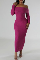 Rose Red Celebrities Solid Color Patchwork Backless Off Shoulder Long Dresses