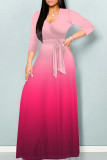 Pink Casual Gradient Print Patchwork Strap Design V Neck Long Dresses