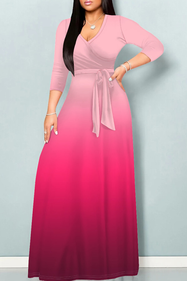 Pink Casual Gradient Print Patchwork Strap Design V Neck Long Dresses