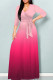 Pink Casual Gradient Print Patchwork Strap Design V Neck Long Dresses