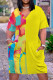 Yellow Casual Gradient Print Letter Print Pocket Contrast V Neck Printed Plus Size Dresses