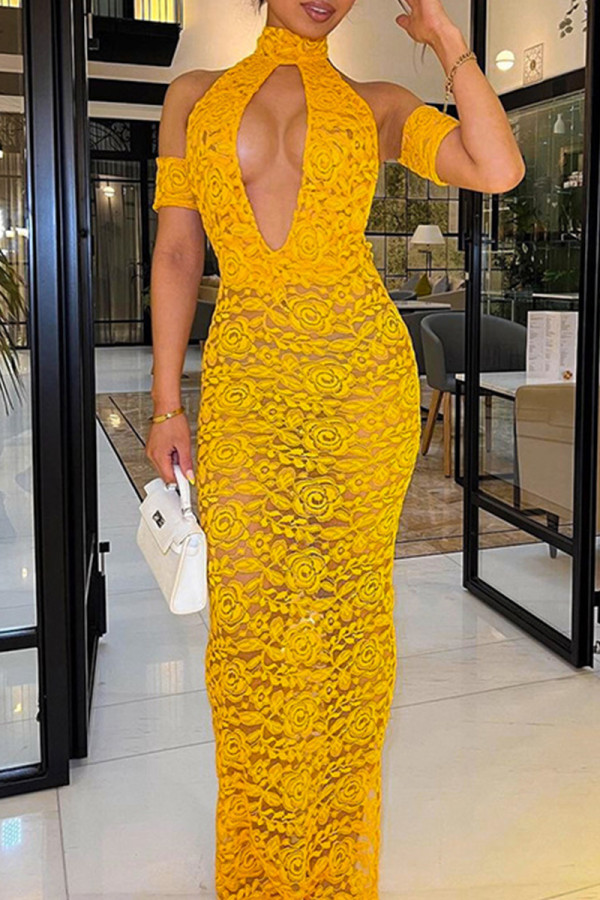 Yellow Sexy Solid Color Hollow Out Patchwork See-Through Slit O Neck Long Dresses