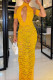Yellow Sexy Solid Color Hollow Out Patchwork See-Through Slit O Neck Long Dresses