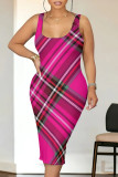 Purple Sexy Plaid Print Contrast U Neck Printed Dresses