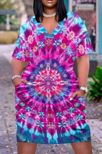 Multicolor Casual Street Tie Dye Print Pocket Contrast V Neck Printed Plus Size Dresses