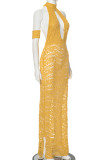 Yellow Sexy Solid Color Hollow Out Patchwork See-Through Slit O Neck Long Dresses