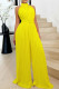 Yellow Celebrities Solid Color Patchwork With Belt Pleated O Neck Loose Jumpsuits