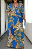 Blue Casual Daily Floral Print Chain print Lace Up V Neck Printed Plus Size Dresses