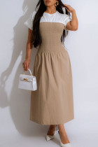 Khaki Casual Patchwork O Neck A Line Dresses