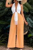 Orange White Celebrities Fringed Trim Hollow Out Patchwork Backless Deep V Neck Loose Jumpsuits