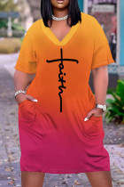 Orange Red Casual Gradient Print Letter Print Pocket Contrast V Neck Printed Plus Size Dresses