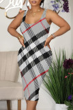 Purple Sexy Plaid Print Contrast U Neck Printed Dresses