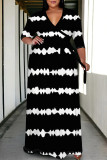 Black Casual Daily Striped Print Lace Up Contrast V Neck Printed Plus Size Dresses
