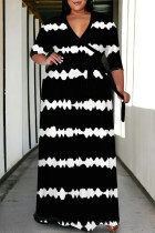 Black Casual Daily Striped Print Lace Up Contrast V Neck Printed Plus Size Dresses