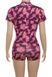 Rose Red Sexy Print Hollow Out Patchwork Deep V Neck Sleeveless Two Pieces