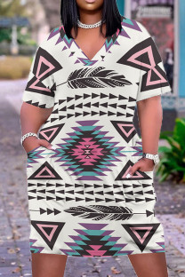 White Casual Print Pocket Patchwork V Neck Straight Plus Size Dresses