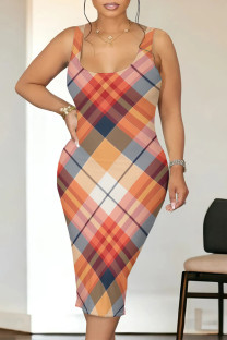 Orange Sexy Plaid Print Contrast U Neck Printed Dresses