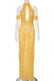 Yellow Sexy Solid Color Hollow Out Patchwork See-Through Slit O Neck Long Dresses
