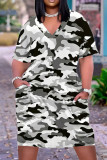 Pink Casual Camouflage Print Pocket Contrast V Neck Printed Plus Size Dresses