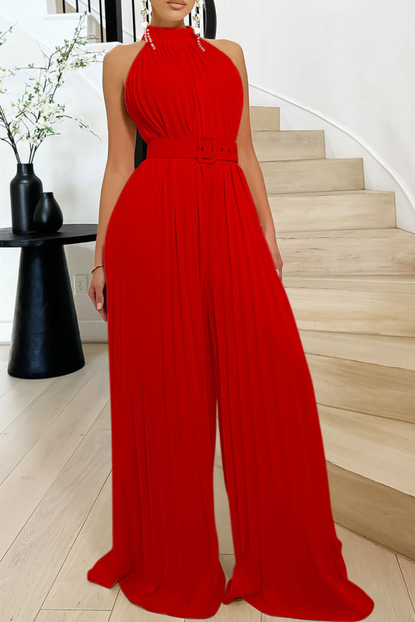 Red Celebrities Solid Color Patchwork With Belt Pleated O Neck Loose Jumpsuits