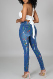 Dark Blue Street Print Pocket Buttons Patchwork Zipper High Waist Skinny Denim Jeans