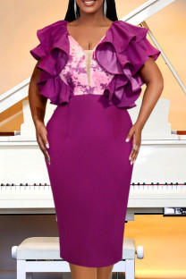 Purple Celebrities Solid Color Patchwork Slit Zipper Ruffled Trim V Neck Wrapped Skirt Dresses