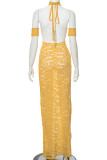 Yellow Sexy Solid Color Hollow Out Patchwork See-Through Slit O Neck Long Dresses