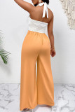 Orange White Celebrities Fringed Trim Hollow Out Patchwork Backless Deep V Neck Loose Jumpsuits