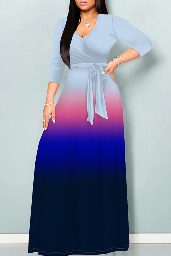 Gray Blue Casual Gradient Print Patchwork Strap Design V Neck Long Dresses