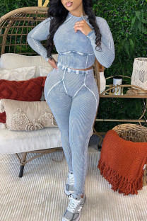 Light Blue Casual Solid Color Patchwork O Neck Long Sleeve Two Pieces