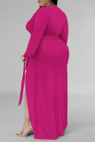 Dark Green Sexy Daily Solid Color Lace Up Slit V Neck Long Sleeve Plus Size Dresses