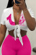 Pink Street Print Patchwork Strap Design Deep V Neck Short Sleeve Two Pieces