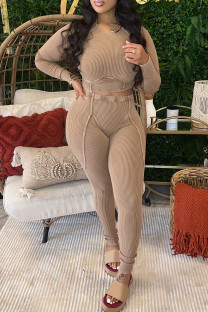 Brownness Casual Solid Color Patchwork O Neck Long Sleeve Two Pieces