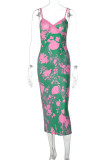 Green Celebrities Print Patchwork Backless Spaghetti Strap Sling Dresses