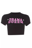 Black Casual Letters Patchwork O Neck T-Shirts