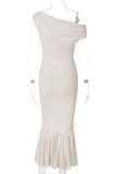 Apricot Celebrities Patchwork Backless Strap Design Oblique Collar Long Dresses