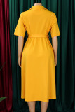 Yellow Celebrities Solid Color Buckle Patchwork Strap Design Turndown Collar A Line Dresses