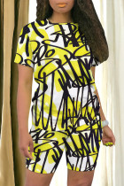 Yellow Casual Street Graffiti Print Contrast O Neck Short Sleeve Two Pieces