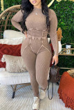 Light Blue Casual Solid Color Patchwork O Neck Long Sleeve Two Pieces