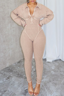 Khaki Casual Solid Color Patchwork V Neck Skinny Jumpsuits