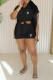 Black Casual Letter Print Slit Knotted Turndown Collar Short Sleeve Two Pieces