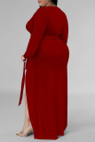 Dark Green Sexy Daily Solid Color Lace Up Slit V Neck Long Sleeve Plus Size Dresses