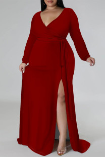 Red Sexy Daily Solid Color Lace Up Slit V Neck Long Sleeve Plus Size Dresses