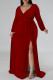 Red Sexy Daily Solid Color Lace Up Slit V Neck Long Sleeve Plus Size Dresses